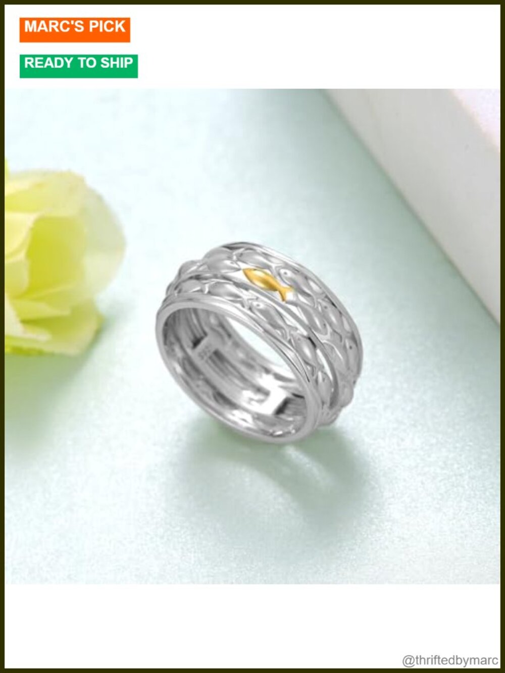 TYSO Fish Anxiety Ring 925 Sterling Silver Spinner Fidget Ring for Women Men - Picture 2 of 6